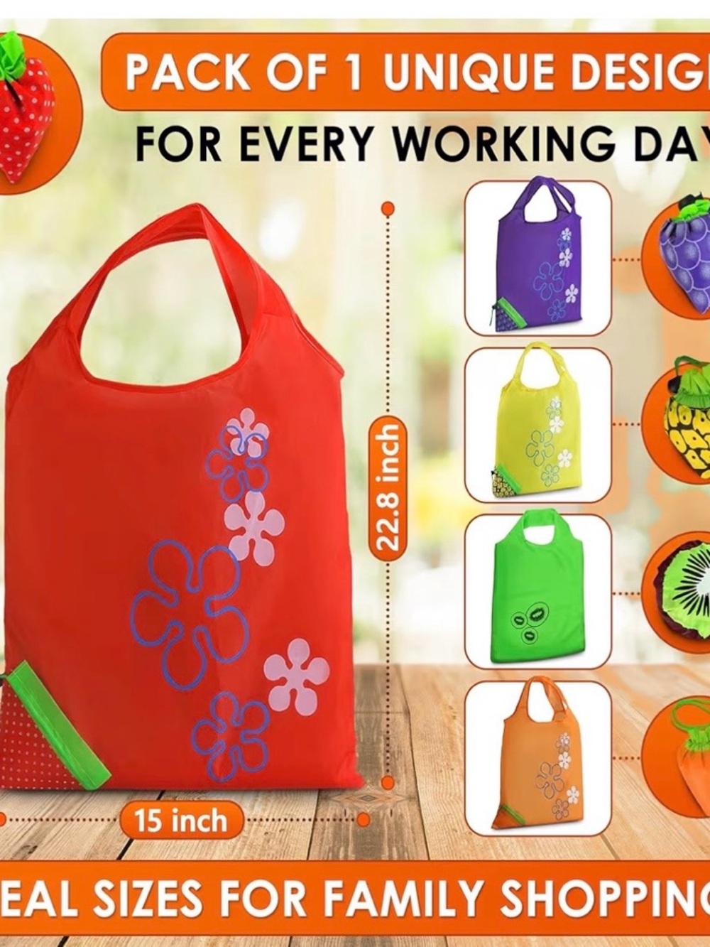 Pick One - Foldable Fruit Reusable Shopping Tote Bag with Carrying Pouch - Picture 6 of 7